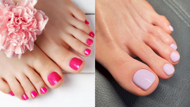Pies con uñas rosadas y pies con uñas lavanda