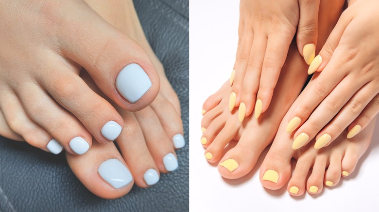 Pies con uñas de color azul pastel y amarillo.