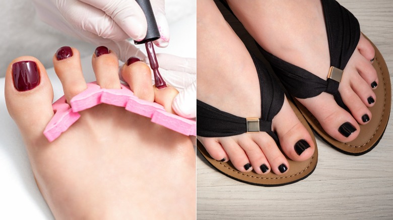 Pies con uñas color burdeos y con uñas negras