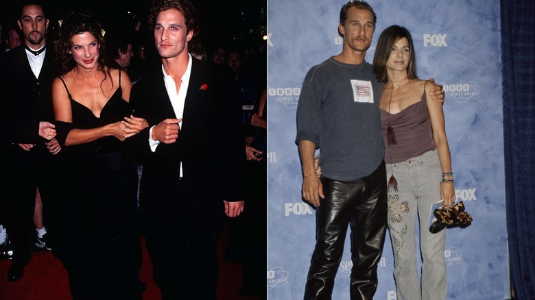 Sandra Bullock con un vestido negro y Matthew McConaughey con un esmoquin en 1997 a la izquierda y vestido de manera informal en un evento en 1999 a la derecha.
