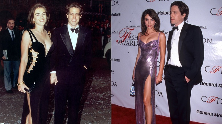 Elizabeth Hurley con un atrevido vestido negro y Hugh Grant con esmoquin en 1994 a la izquierda y con vestido morado y esmoquin, respectivamente en un evento de 1999 a la derecha.