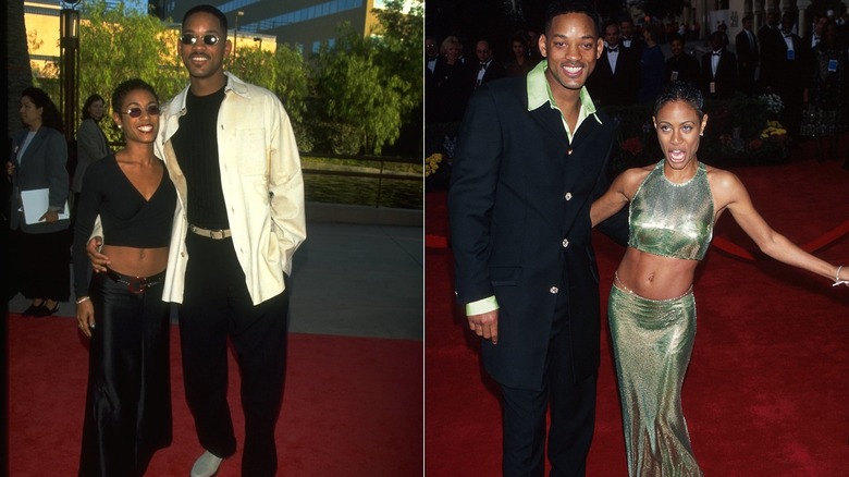 Jada Pinkett Smith con un conjunto negro de dos piezas y Will Smith con un conjunto negro con una chaqueta blanca en 1996 a la izquierda y vestido con atuendos más llamativos en 1997 a la derecha.