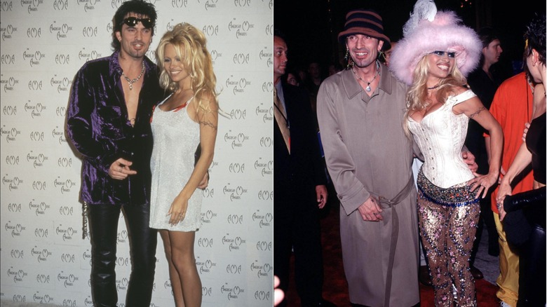 Pamela Anderson con un vestido blanco y Tommy Lee con un vestido morado y negro en 1996 a la izquierda y con trajes extravagantes en un evento de 1999 a la derecha.
