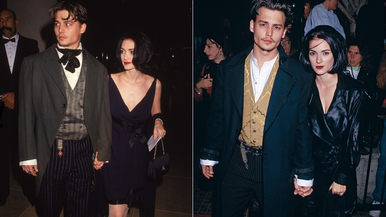 Winona Ryder con un vestido negro y Johnny Depp con un traje de estilo gótico en 1991 a la izquierda y vistiendo una gabardina negra y un traje adornado, respectivamente, en un evento en 1990 a la derecha.
