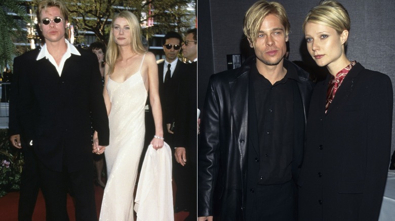 Gwyneth Paltrow con un vestido blanco y Brad Pitt con un traje negro con camisa blanca en 1996 a la izquierda y con cortes de pelo a juego en 1997 a la derecha.