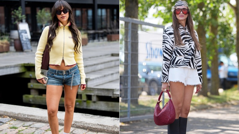 Mujeres con mini shorts de mezclilla con chaqueta deportiva y mini shorts de mezclilla blanca con botas, chaqueta de cebra y pañuelo