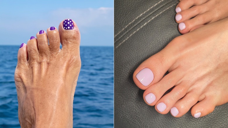Una pedicura violeta brillante con lunares y una pedicura violeta pastel