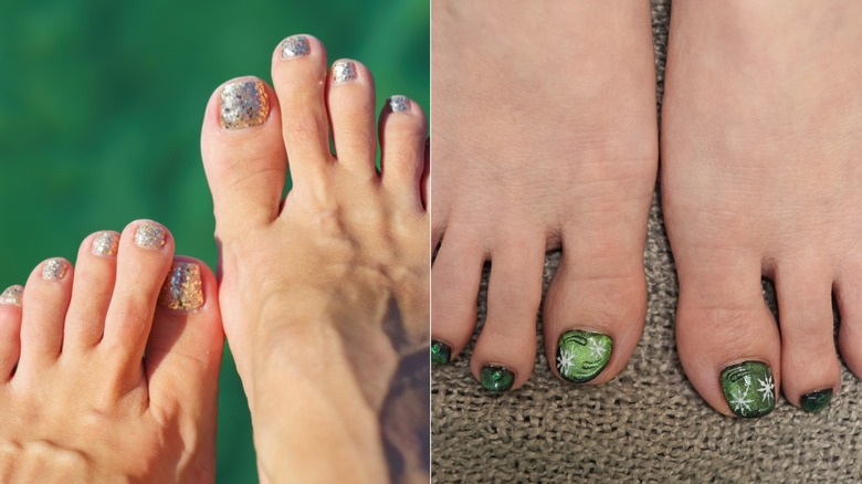 Una pedicura con brillo y una pedicura cromada.