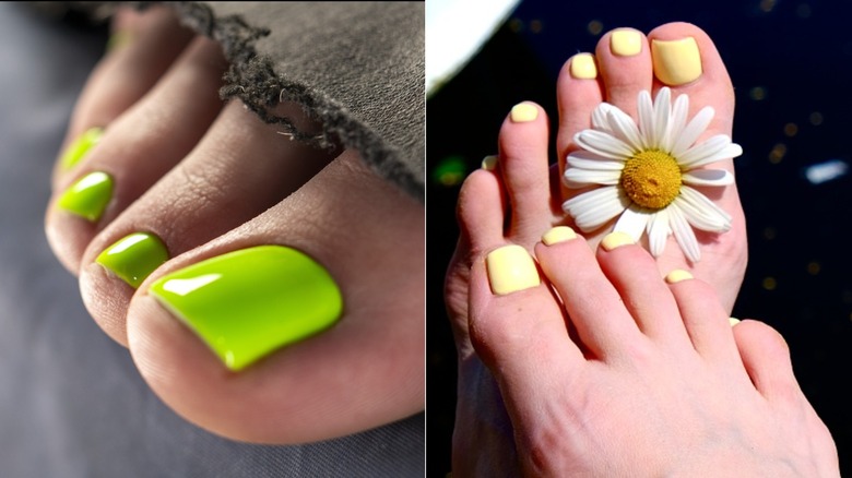 Una pedicura verde neón y una pedicura amarillo mantequilla.
