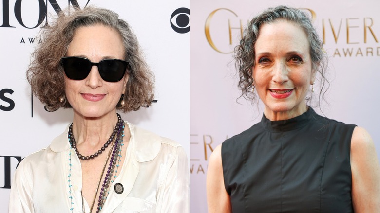 Fotos de Bebe Neuwirth en la alfombra roja en 2024 luciendo una blusa blanca con divertidos collares y lentes de sol negros a la izquierda y en 2026 luciendo un top negro con el cabello recogido.