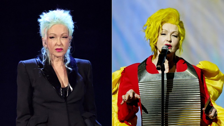 Cyndi Lauper luciendo un salmonete verde pastel (izq.) y Cyndi Lauper actuando con cabello amarillo (der.)