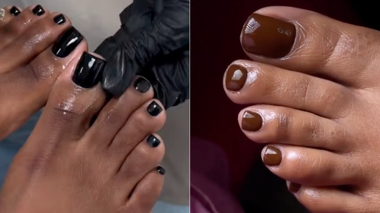 Lado a lado: pies de tonos intensos con uñas negras y marrones