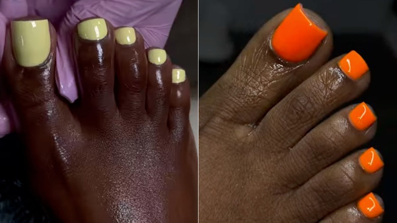 Lado a lado: pies de tonos profundos con uñas de color amarillo pálido y uñas de color naranja brillante