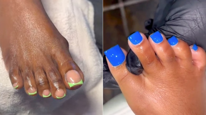 Lado a lado: pies tonificados con pedicura francesa verde y uñas cobalto