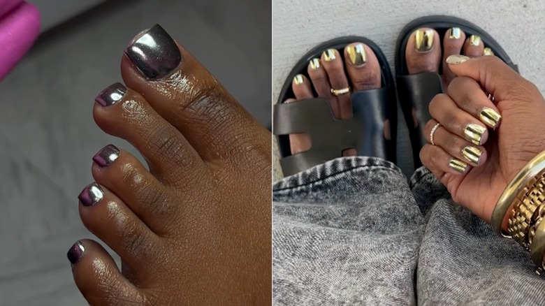 Lado a lado: Pies de tonos profundos con uñas plateadas y uñas doradas.