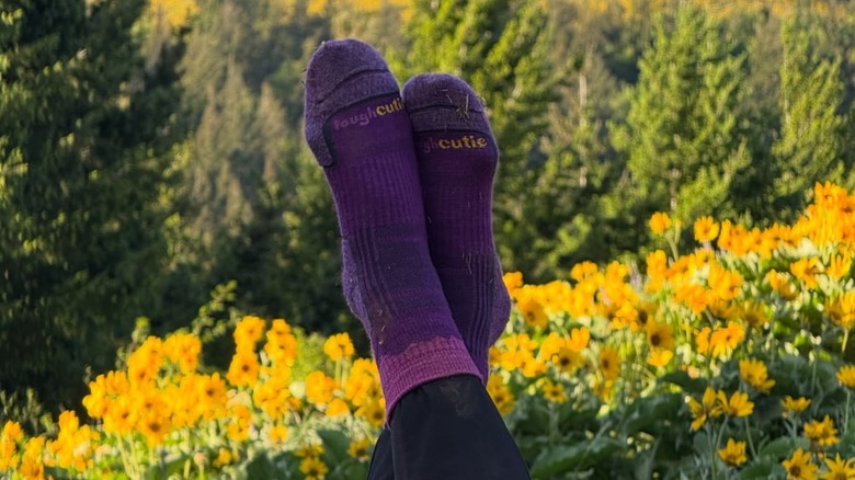 Brittany Coleman posó con sus calcetines ToughCutie morados en un campo de flores silvestres en Dog Mountain de Washington durante su "Calcetines y Cumbres" serie de alzas en mayo de 2025.