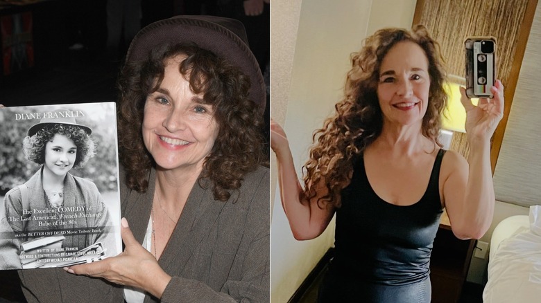 Diane Franklin sosteniendo una foto de ella misma y usando un sombrero a la izquierda y tomándose una selfie en el espejo con una camiseta negra sin mangas y cabello largo y rizado a la derecha.