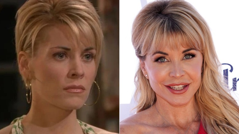 A la izquierda, McKenzie Westmore lució su cabello rubio corto y entrecortado con un vestido de encaje negro en la fiesta de invierno All-Star de NBC en Los Ángeles, California en 2003. A la derecha, McKenzie Westmore lució su cabello largo y rubio hasta la mitad con un traje pantalón rojo de un solo hombro en los premios Best of Beauty Awards de la revista Los Ángeles en Malibú, California en 2023.