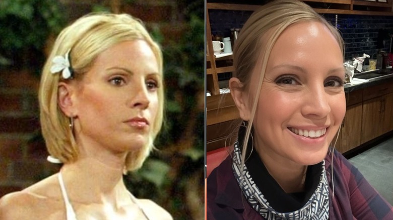 A la izquierda, Liza Huber lleva un bikini blanco junto con su cabello rubio y una flor blanca en el pelo mientras filma una escena para 