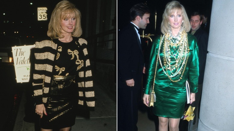 Morgan Fairchild con un traje negro y dorado a la izquierda y un vestido verde metálico con muchos collares dorados a la derecha.