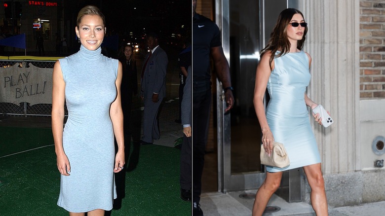 Jessica Biel sonríe con un vestido midi de cuello alto gris