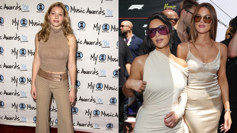 Jessica Biel posa con un jersey de cuello alto de punto beige y pantalones sastre beige a la izquierda y Kim y Khloé Kardashian con vestidos beige a la derecha.