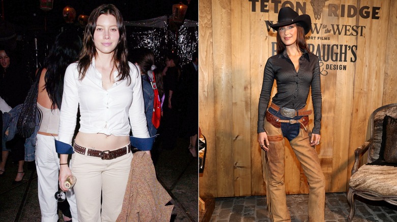Jessica Biel sonríe vistiendo unos jeans acampanados beige y una camisa blanca a la izquierda y Bella Hadid sonríe vistiendo una camisa y un sombrero de vaquera a la derecha.