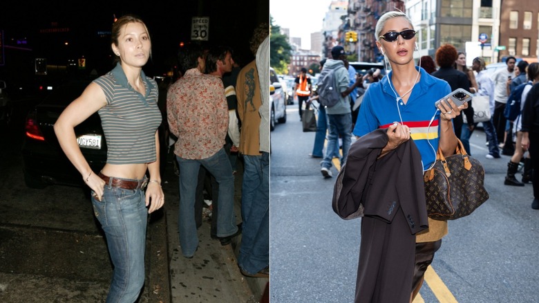 Jessica Biel vistiendo jeans acampanados de cintura baja, cinturón marrón y una blusa a rayas a la izquierda e Iris Law vistiendo una camisa polo a rayas y gafas de sol a la derecha.
