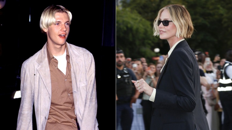 Izquierda: Nick Carter para una sesión de fotos de los Backstreet Boys en 1997. Derecha: Charlize Theron llega a 