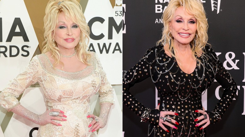 Lado a lado: Dolly Parton con cabello ondulado y uñas largas