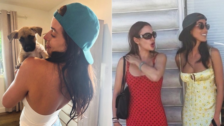 L: Primer plano de Indes de Ramon con un sombrero al revés sosteniendo un cachorro / R: Indes de Ramon posando para una foto con una amiga con un sombrero al revés y un vestido largo amarillo