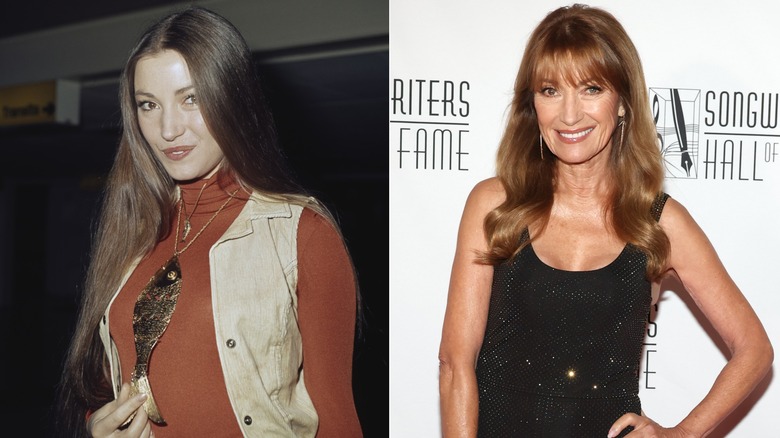 Izquierda: Jane Seymour en el aeropuerto de Heathrow en 1974. Derecha: Jane Seymour asiste a la gala de inauguración y gala del Salón de la Fama de los Compositores en junio de 2026.