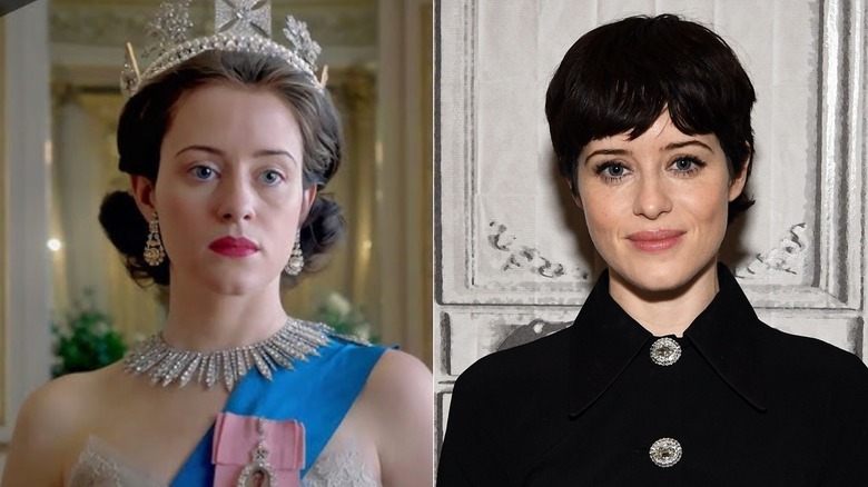 Fotografías una al lado de la otra de Claire Foy en el personaje de la reina Isabel (izquierda) y ella misma en la alfombra roja (derecha)