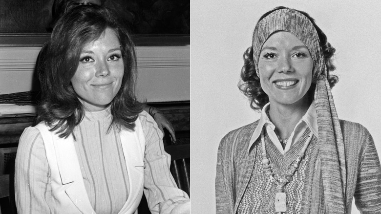 Diana Rigg en la década de 1960 con el pelo desordenado y en 1974 con un pañuelo tejido en la cabeza.