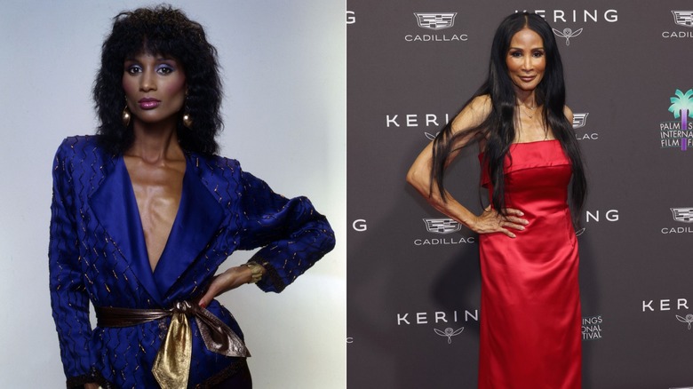 Una joven Beverly Johnson con una chaqueta morada / Una Beverly Johnson mayor con un vestido rojo de satén sin tirantes