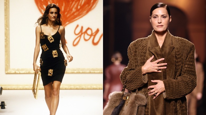Una joven Yasmin Le Bon con un minivestido negro en la pasarela / Una Yasmin Le Bon mayor con un abrigo de piel marrón