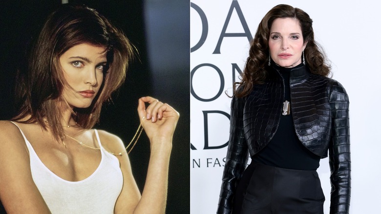 Una joven Stephanie Seymour con un chaleco blanco / Una Stephanie Seymour mayor con una chaqueta negra de piel de serpiente
