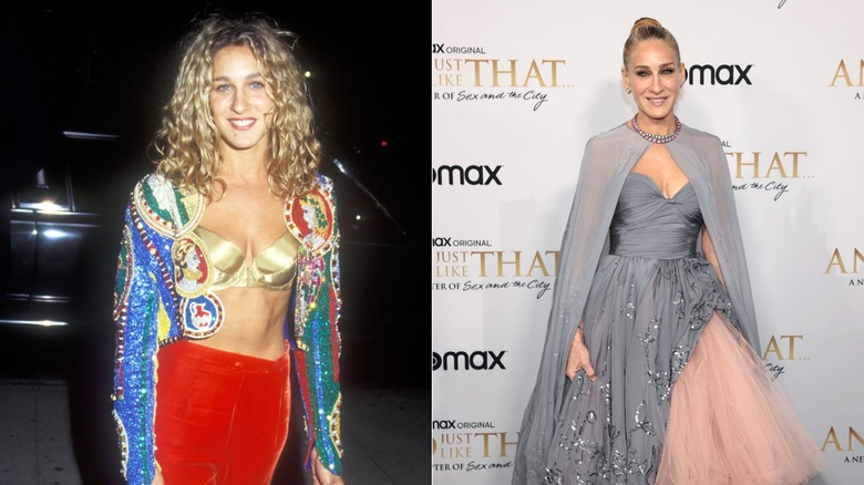 (I) Sarah Jessica Parker sonríe con un bralette dorado y una chaqueta adornada (R) Sarah Jessica Parker posa con una capa gris y una falda de tul rosa