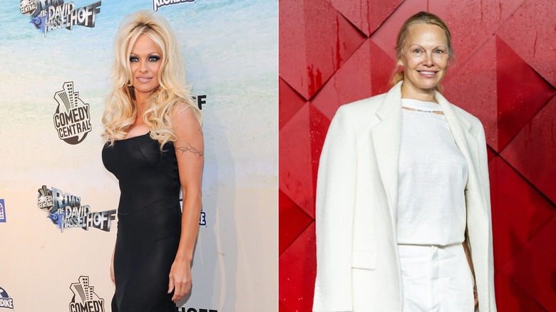 (L) Pamela Anderson sonríe con un vestido negro (R) Pamela Anderson sonríe con pantalones blancos, un jersey blanco y una chaqueta color crema sobre los hombros