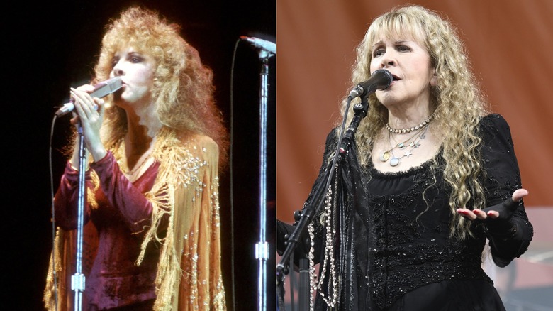 Izquierda: Stevie Nicks actuando con Fleetwood Mac en 1977. Derecha: Stevie Nicks actuando en el Jazz and Heritage Festival 2026 en Nueva Orleans.