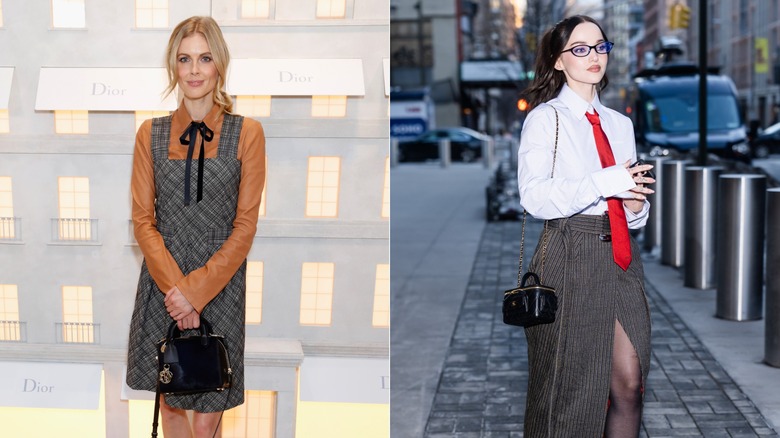 Izquierda: Donna Air asiste a una fiesta de lanzamiento de Dior en 2016 con un vestido estilo uniforme a cuadros y una corbata con lazo. Derecha: Dove Cameron con camisa blanca, corbata roja y falda a cuadros en Nueva York en 2026.