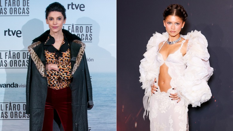 Izquierda: La actriz Irene Visedo viste un abrigo con adornos de piel y pantalones de terciopelo rojo en el estreno de 