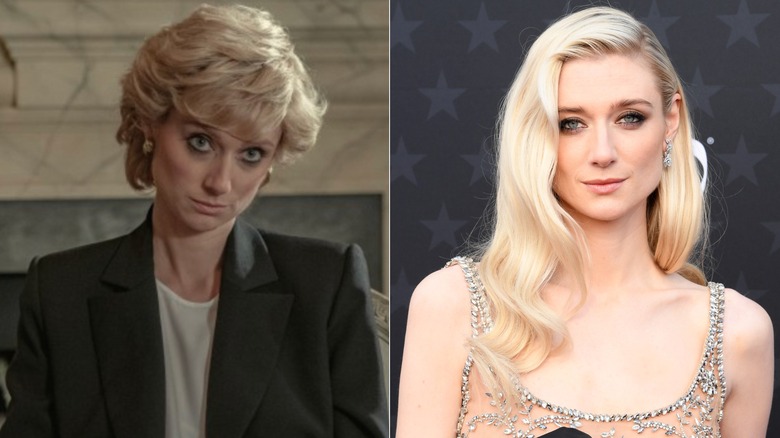 Fotografías una al lado de la otra de Elizabeth Debicki en el personaje de la princesa Diana (izquierda) y ella misma en la alfombra roja (derecha)