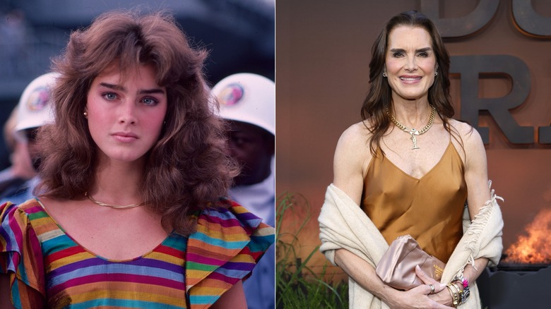 Una Brooke Shields joven con un top a rayas / Una Brooke Shields mayor con un vestido de satén color óxido