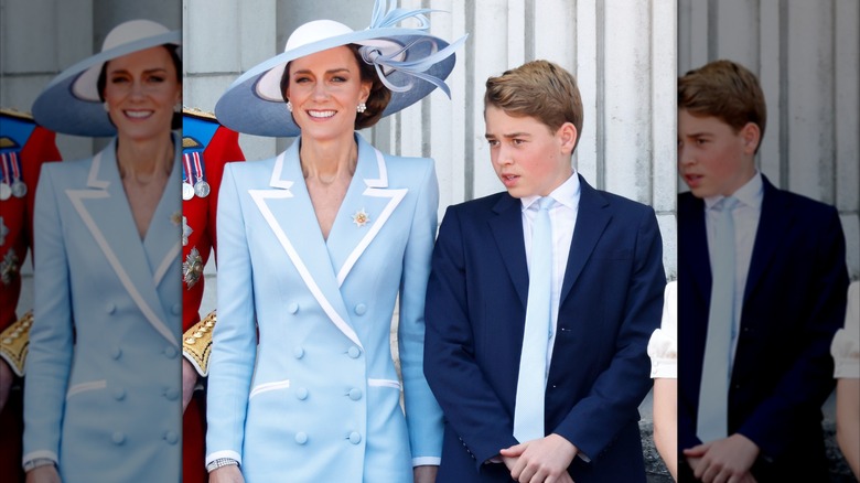 Kate Middleton con un vestido abrigo azul con ribetes blancos y un sombrero de ala ancha a juego en Trooping the Color 2026.