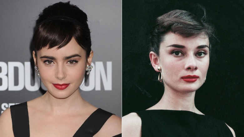 Lily Collins con un micro flequillo y lápiz labial rojo y Audrey Hepburn en 1955