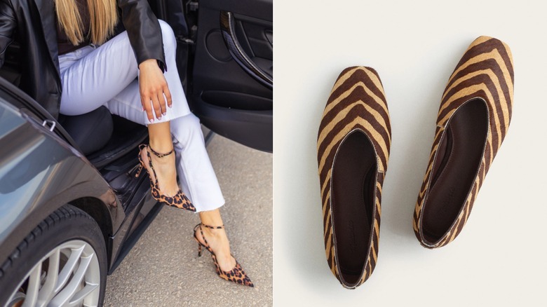 Una mujer con zapatos con estampado animal en un automóvil a la izquierda y una imagen de producto de zapatos con estampado de cebra a la derecha.