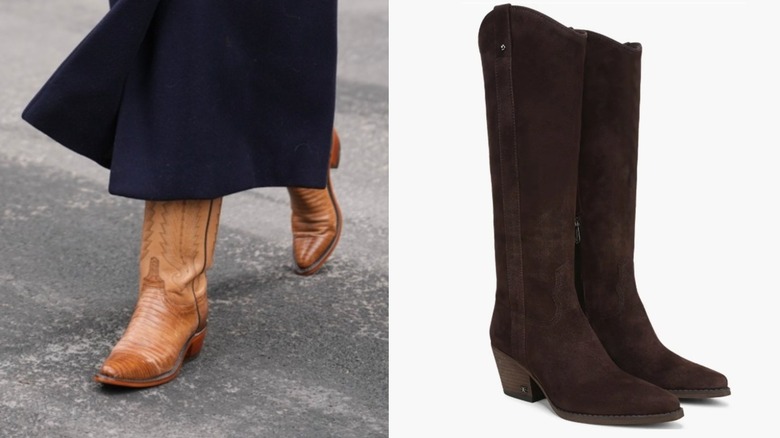Una mujer con botas de estilo occidental a la izquierda y una imagen de producto de un par de botas marrones a la derecha.