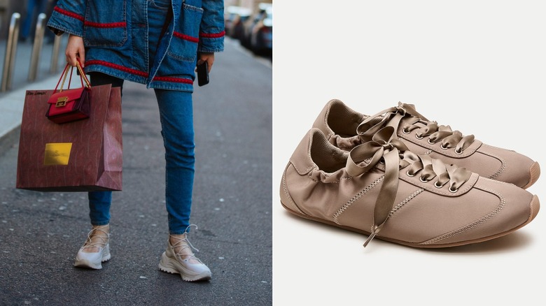 Una mujer que usa zapatillas de ballet con cordones a la izquierda y una imagen de producto de zapatillas de ballet a la derecha.