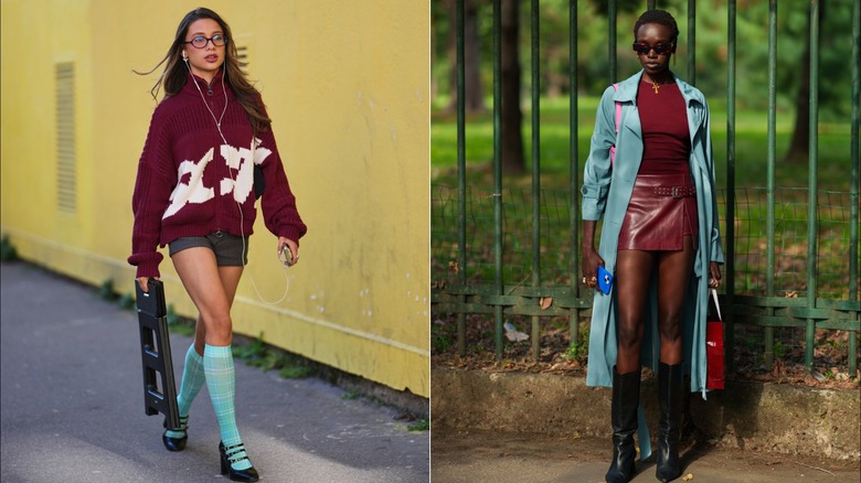 Una invitada con un suéter burdeos, pantalones cortos y calcetines turquesas hasta la rodilla durante la Semana de la Moda de París en marzo de 2026 / Una invitada con una blusa burdeos, minifalda de cuero y gabardina turquesa durante la Semana de la Moda de Milán en septiembre de 2024